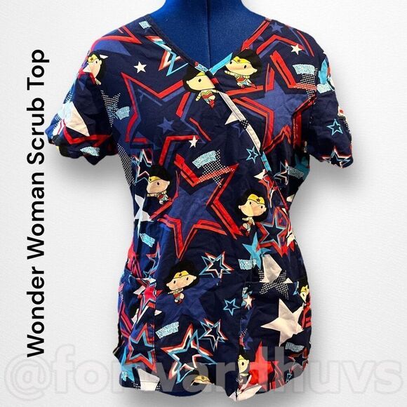 Wonder Woman Stars POP! Scrub Top Size Small - Picture 1 of 8
